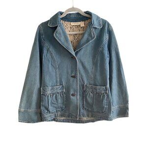 VTG JJill Out of the Blue Denim Jacket Button Down Front Waist Pockets Ruffle S